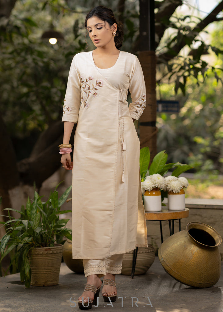 Off-white Cotton silk Gold embroidered asymmetric kurta & Pant - Pink Net Dupatta Optional