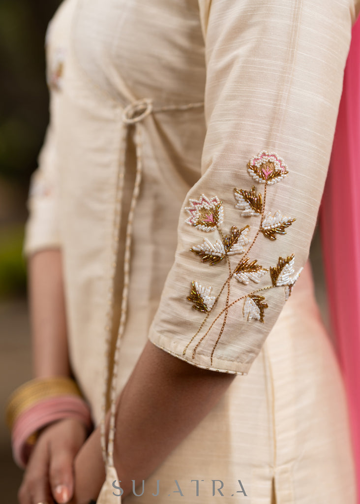 Off-white Cotton silk Gold embroidered asymmetric kurta & Pant - Pink Net Dupatta Optional