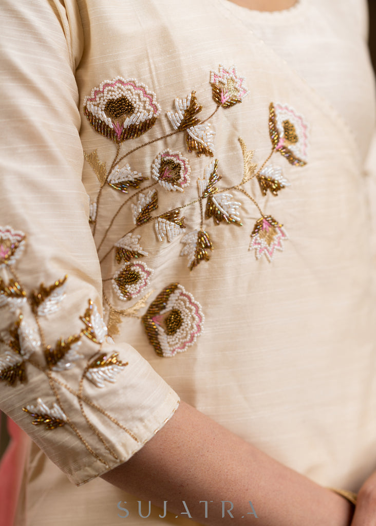 Off-white Cotton silk Gold embroidered asymmetric kurta & Pant - Pink Net Dupatta Optional