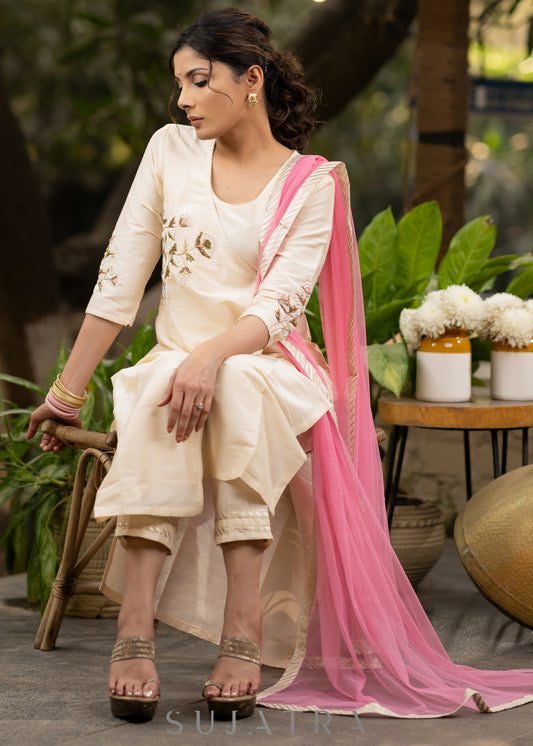 Off-white Cotton silk Gold embroidered asymmetric kurta