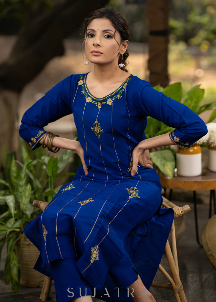 Blue Cotton silk embroidered kurta and Pant - Green Net Dupatta Optional