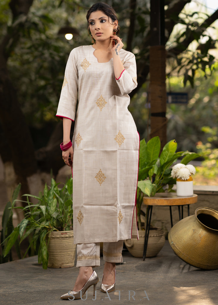Light beige gold motif kurta and Pant - Embroidered Net Dupatta Optional