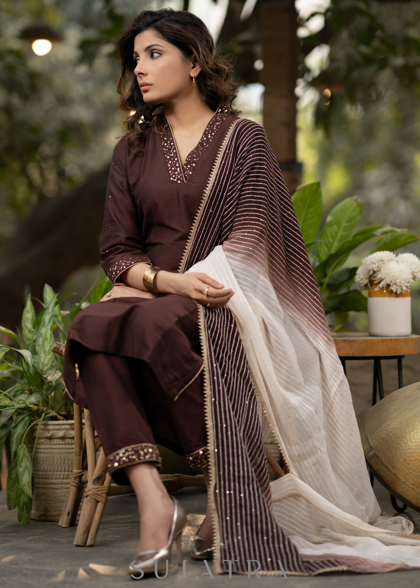Hand embroidered beautiful coffee brown kurta – Sujatra