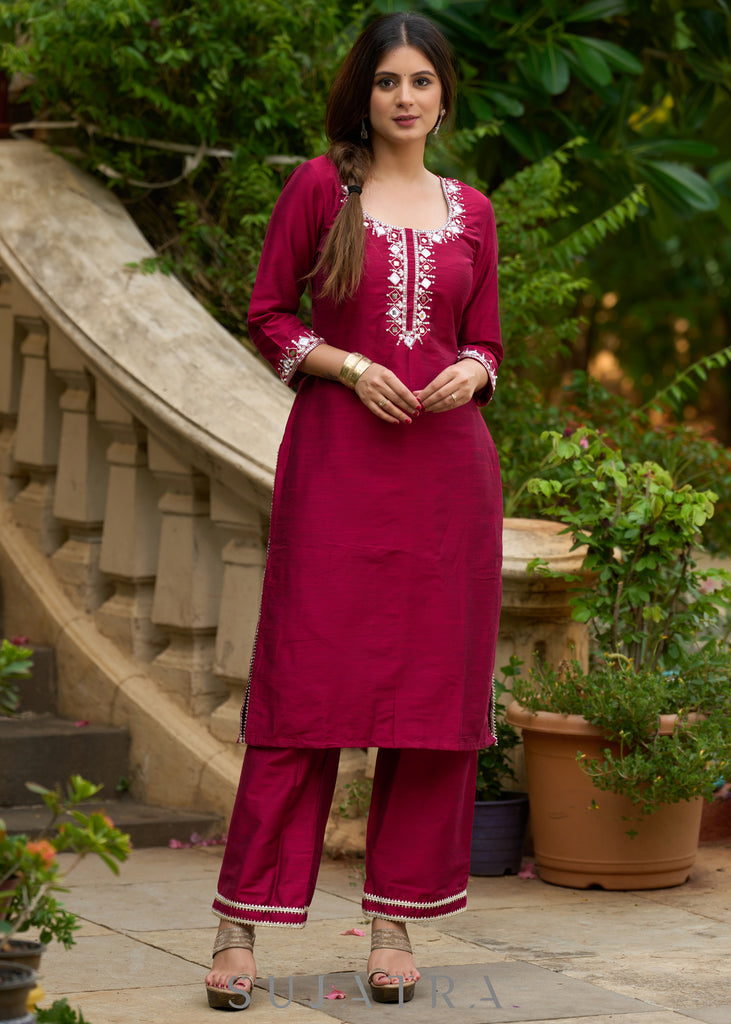 Magenta hand-embroidered silk blend kurta with matching pants - Dupatta Optional