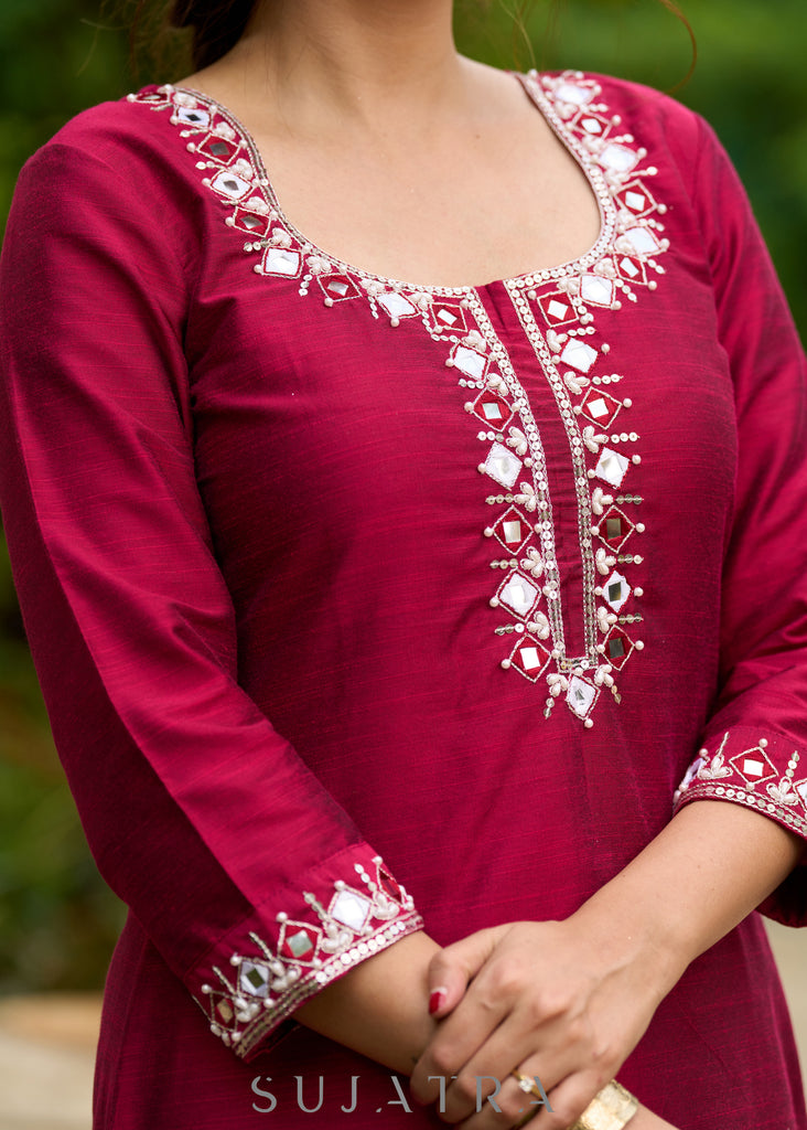 Magenta hand-embroidered silk blend kurta with matching pants - Dupatta Optional