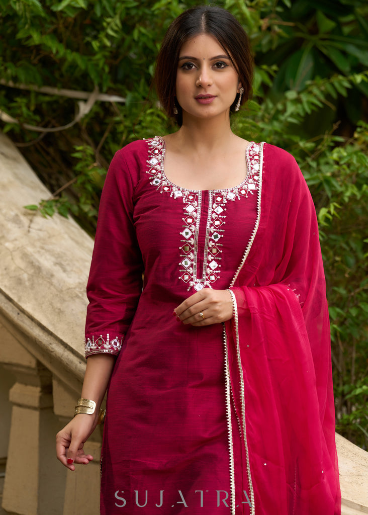 Magenta hand-embroidered silk blend kurta with matching pants - Dupatta Optional
