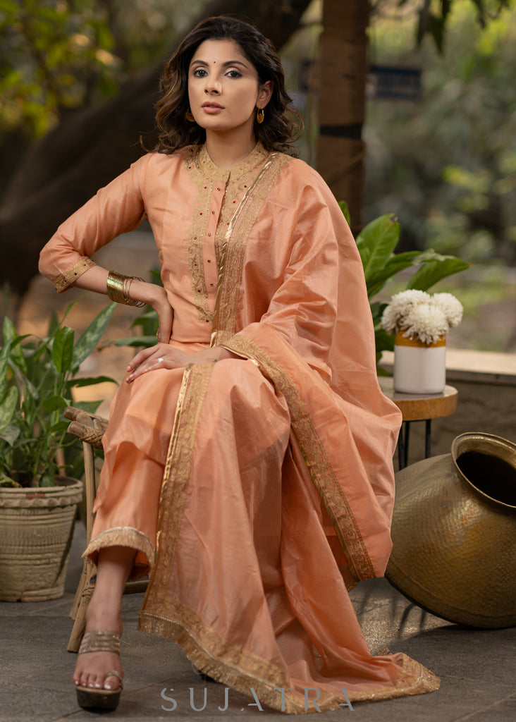 Embroiderd Peach chanderi kurta with pant-   Embroidered chanderi dupatta optional