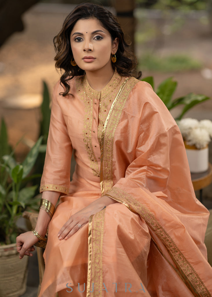 Embroiderd Peach chanderi kurta with pant-   Embroidered chanderi dupatta optional