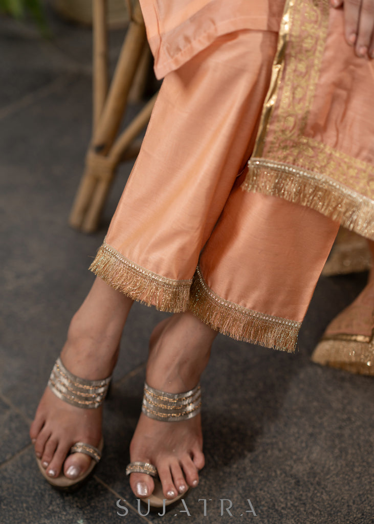 Embroiderd Peach chanderi kurta with pant-   Embroidered chanderi dupatta optional