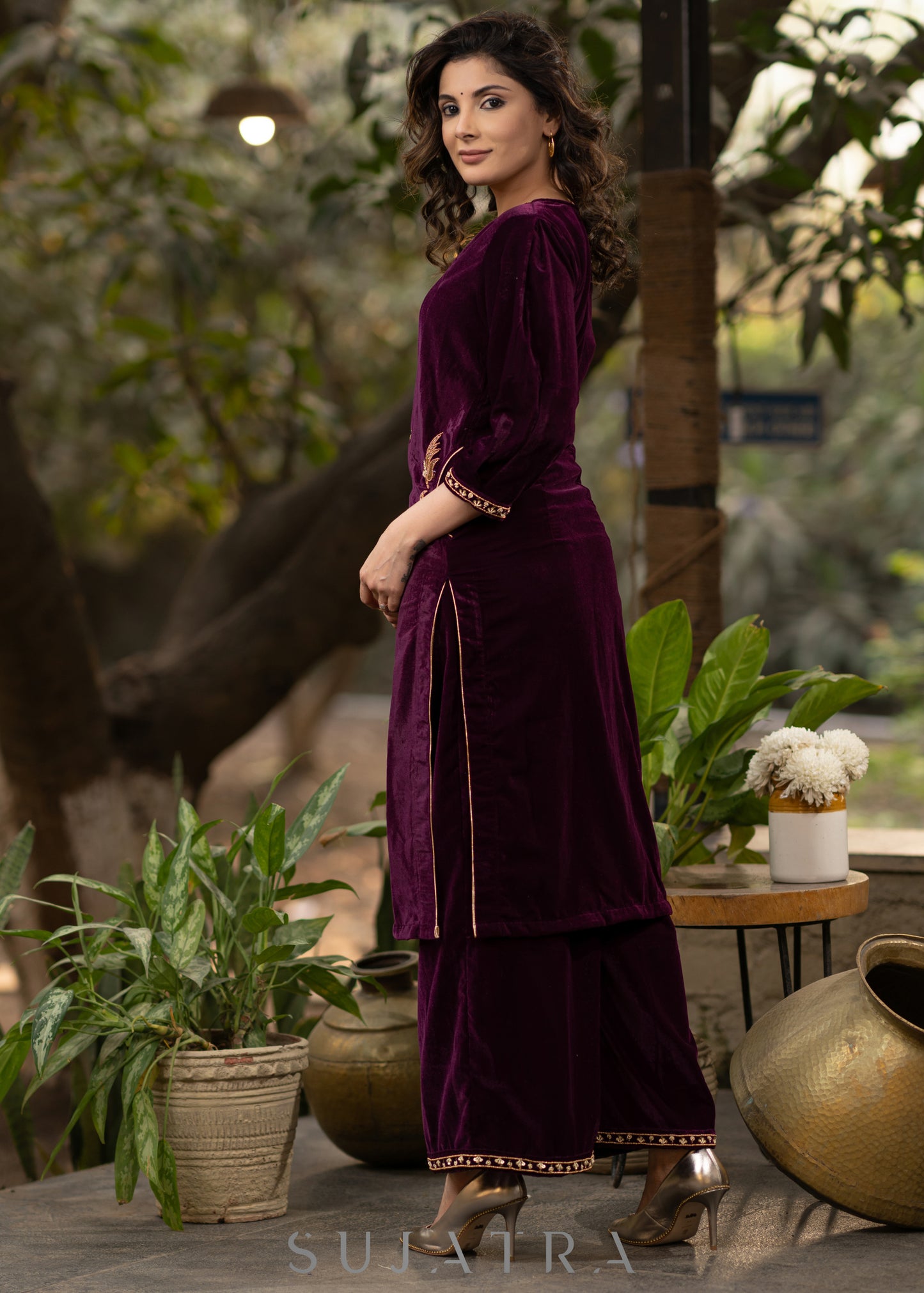 Hand embroidered purple velvet kurta with flared embroidered pant
