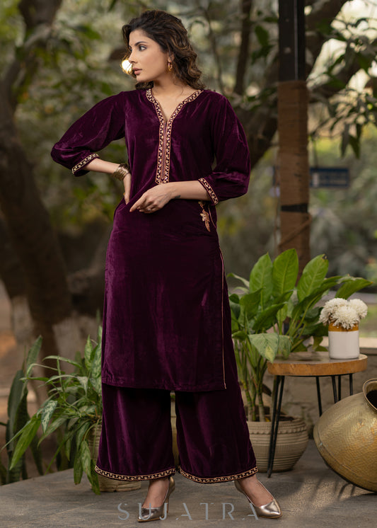 Hand embroidered purple velvet kurta with flared embroidered pant