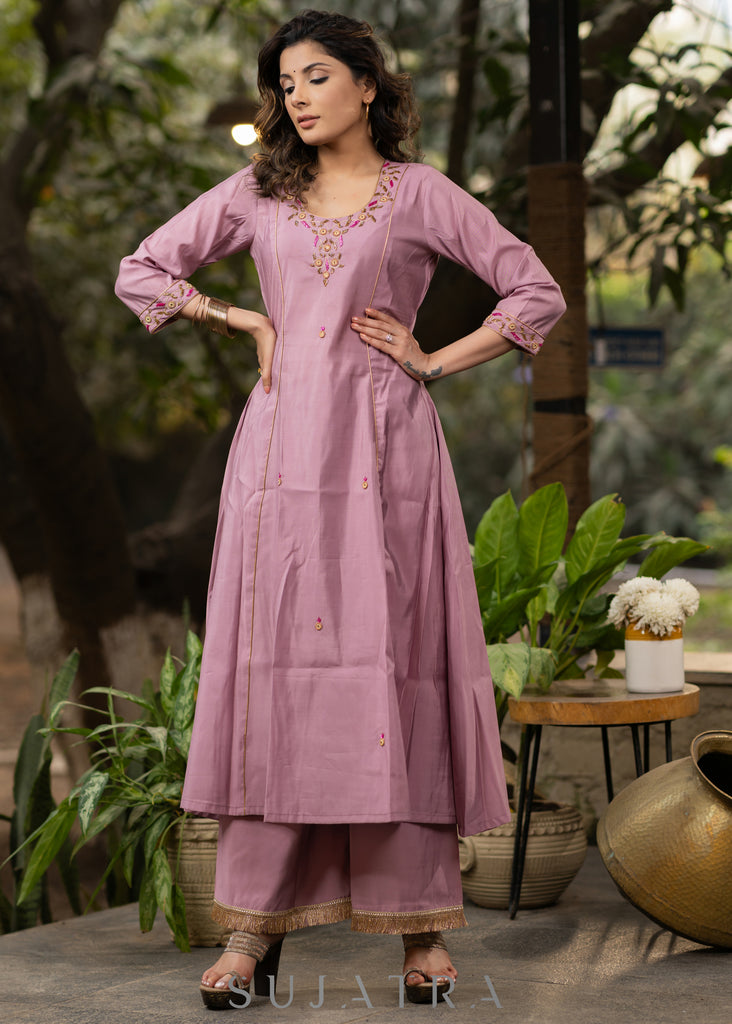 Hand embroidered lavender Roman silk A line kurta with pant - Organza jacket Optional