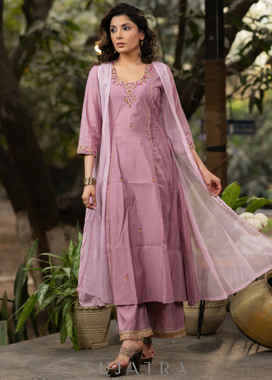 Hand embroidered lavender Roman silk A line kurta