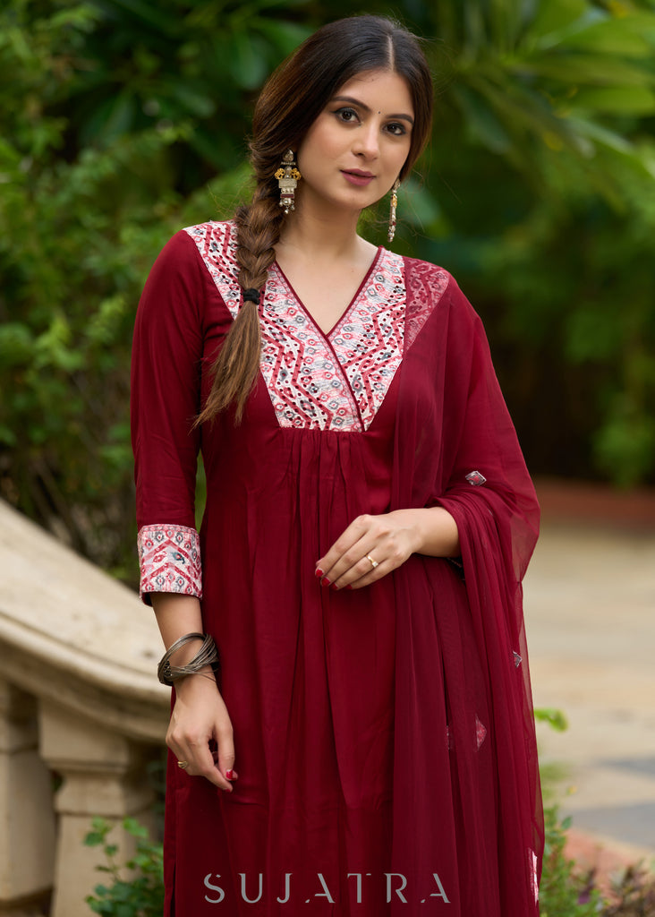 Maroon rayon kurta paired with Hakoba printed pants for effortless elegance - Duppata Optional