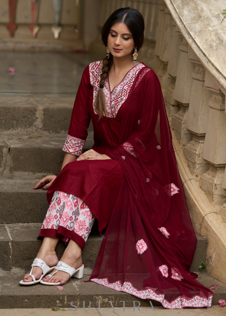 Maroon rayon kurta paired with Hakoba printed pants for effortless elegance - Duppata Optional