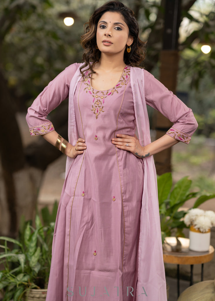 Hand embroidered lavender Roman silk A line kurta with pant - Organza jacket Optional