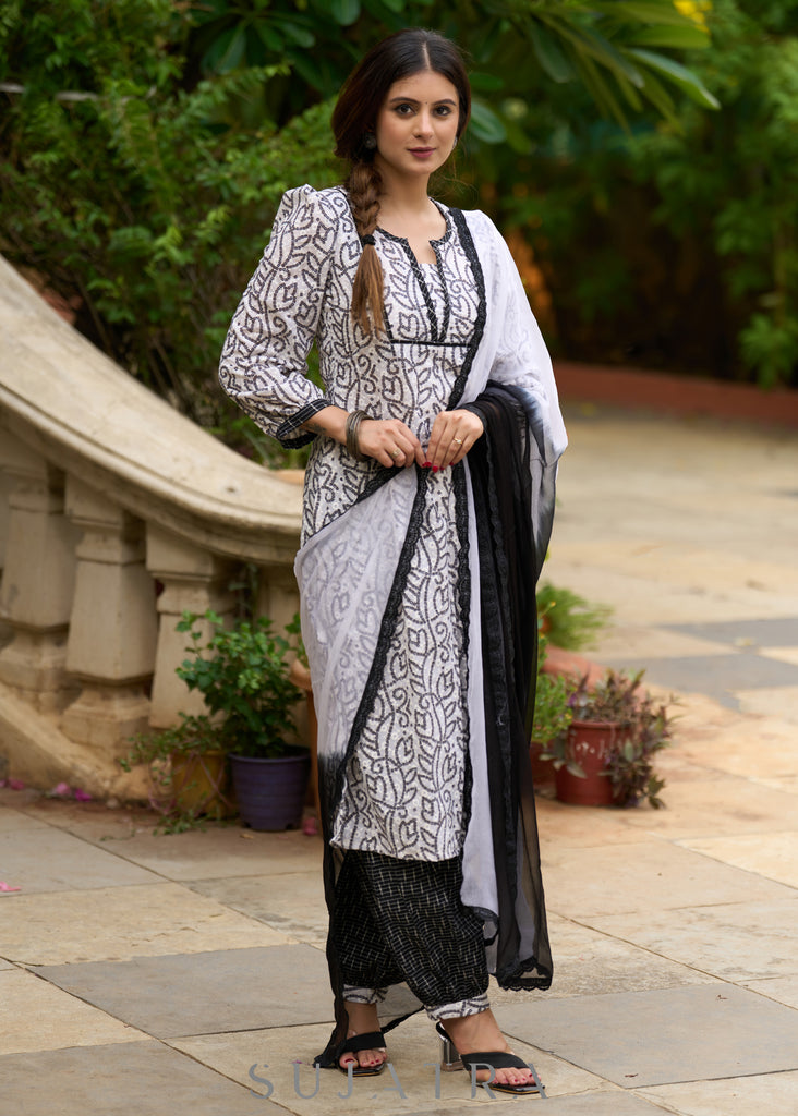 Versatile & stylish white hakoba bandhani printed kurta with Ikat Afghani pants -Dupatta Optional
