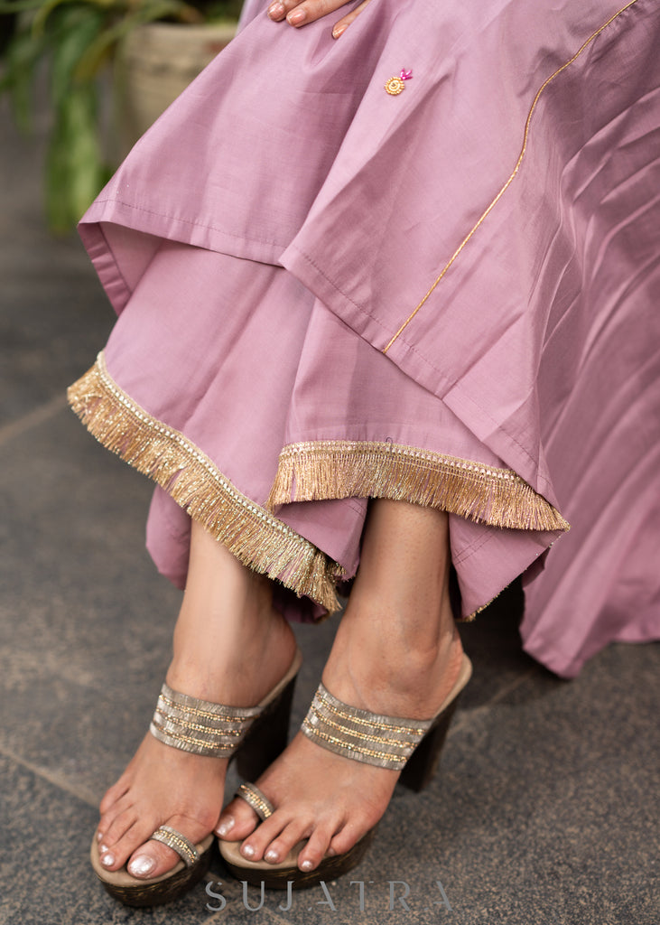 Hand embroidered lavender Roman silk A line kurta with pant - Organza jacket Optional