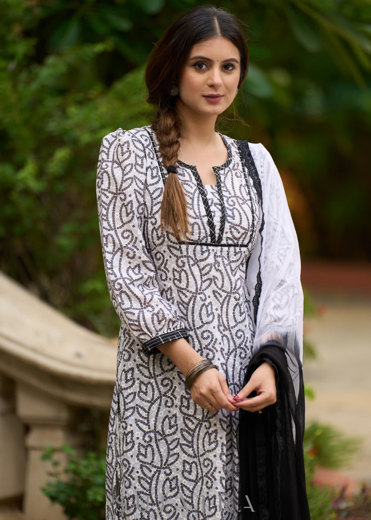 Versatile & stylish white hakoba bandhani printed kurta with Ikat Afghani pants -Dupatta Optional