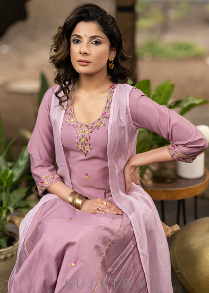 Hand embroidered lavender Roman silk A line kurta with pant - Organza jacket Optional