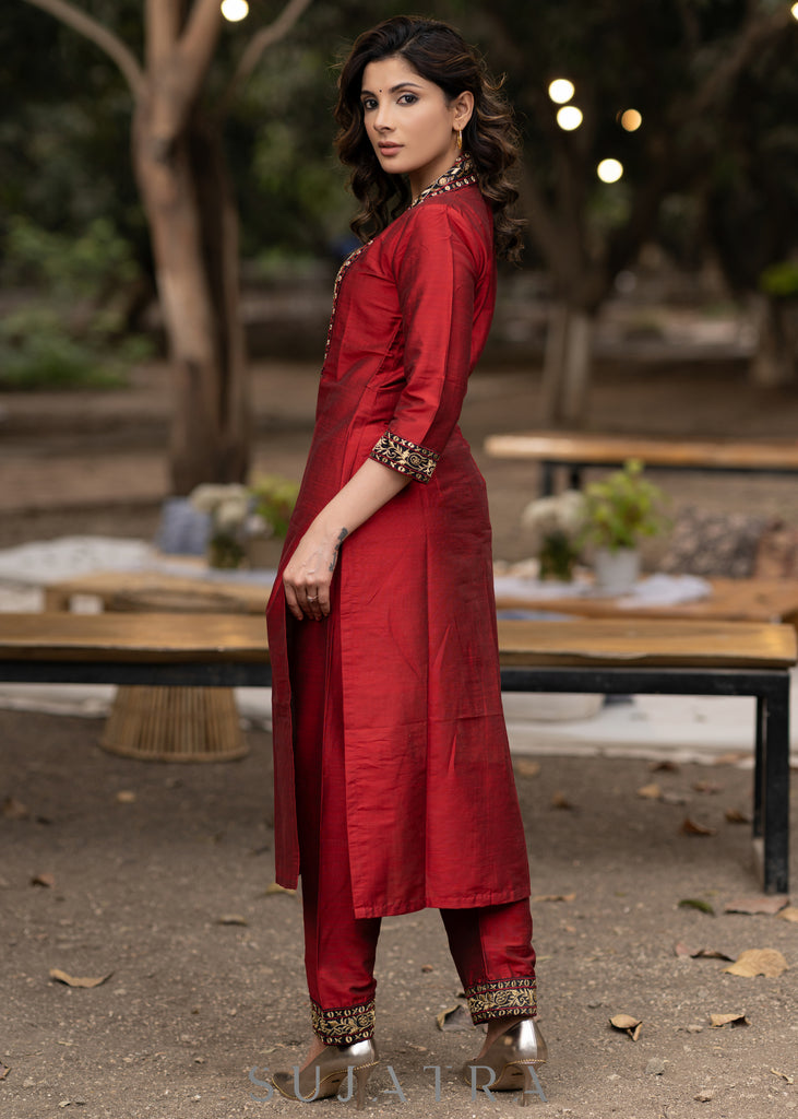Hand embroidered maroon cotton silk kurta with pant