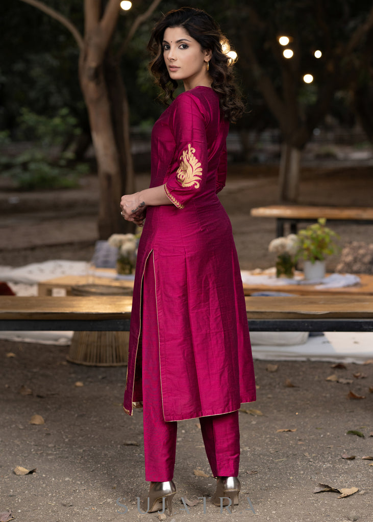Embroidered magenta cotton silk kurta with pant-Embroidered dupatta optional