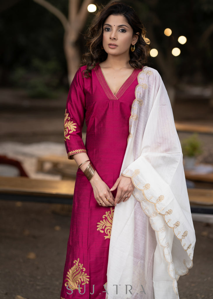Embroidered magenta cotton silk kurta with pant-Embroidered dupatta optional