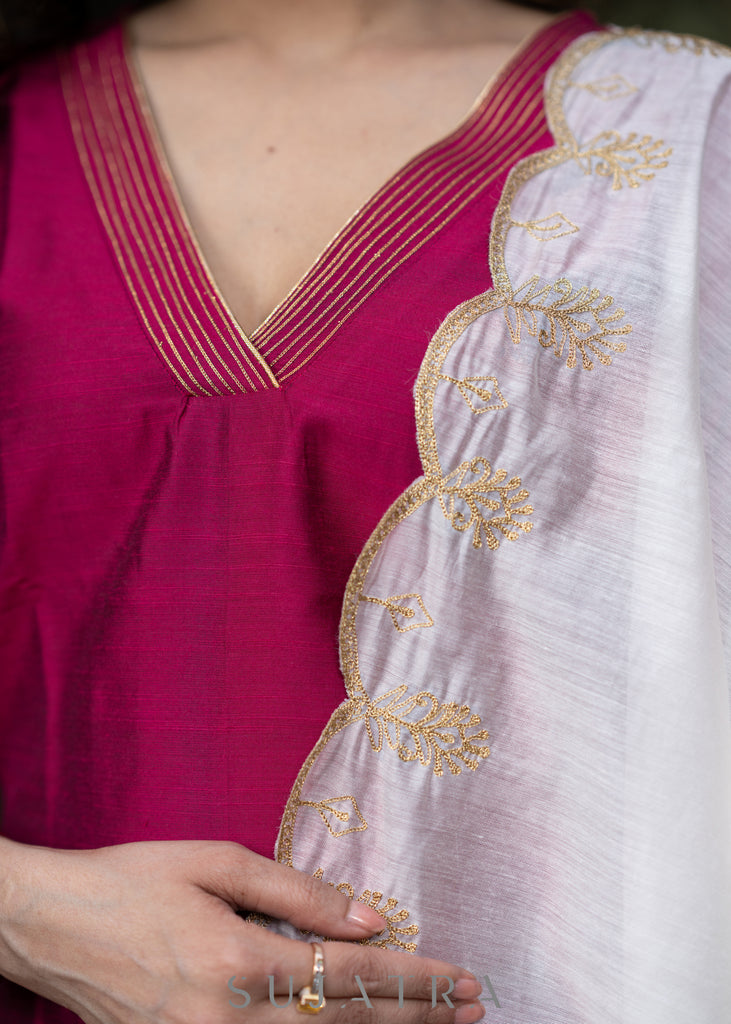 Embroidered magenta cotton silk kurta with pant-Embroidered dupatta optional