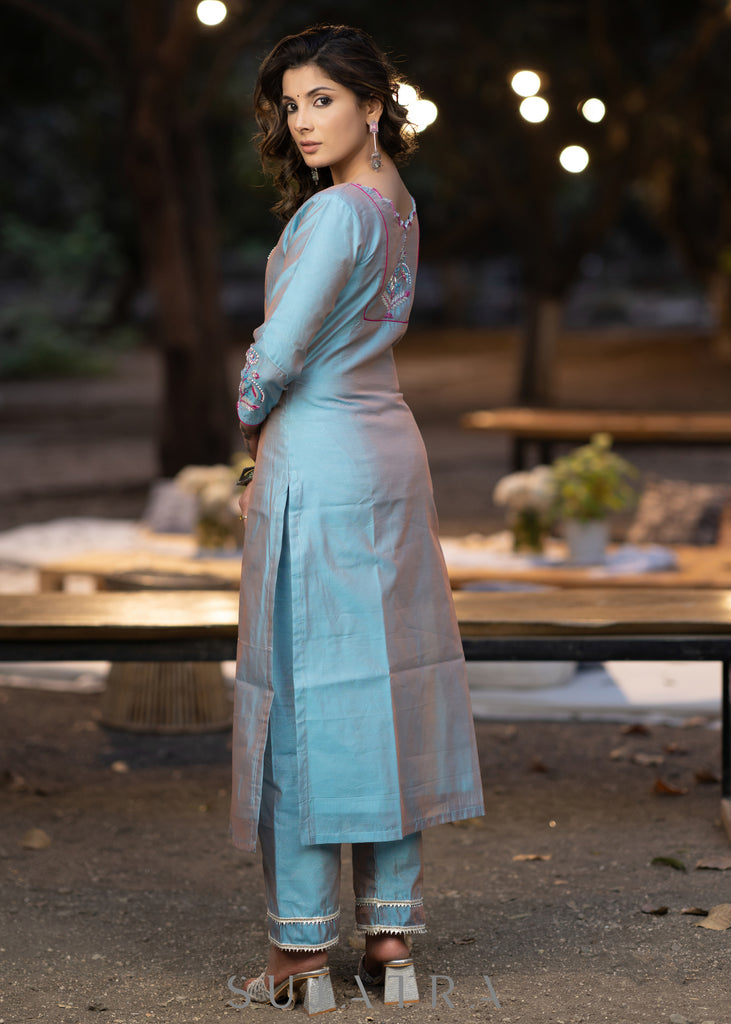 Hand embroidered dual shaded firozi chanderi kurta with pant-Pink georgette dupatta optional