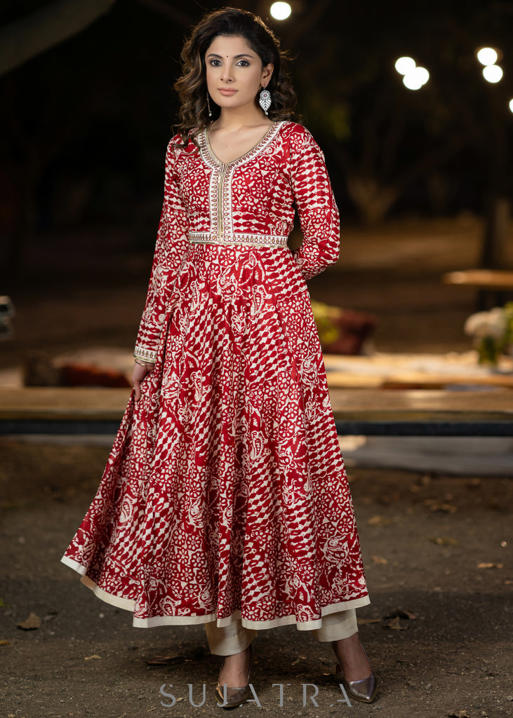 Hand embroidered red rayon printed flared kurta with pant - Dupatta Optional