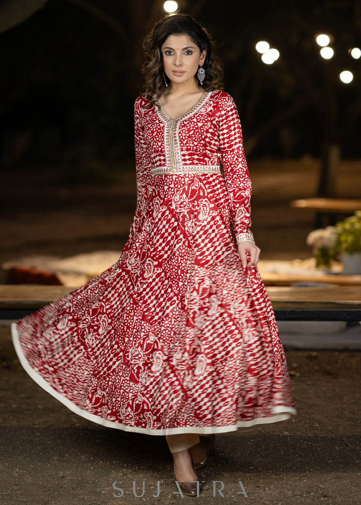 Hand embroidered red rayon printed flared kurta with pant - Dupatta Optional