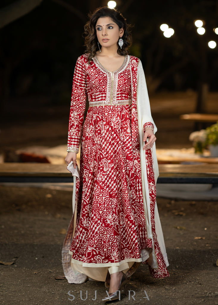 Hand embroidered red rayon printed flared kurta with pant - Dupatta Optional