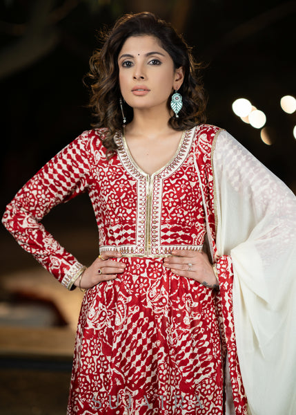 Hand embroidered red rayon printed flared kurta with pant - Dupatta Optional