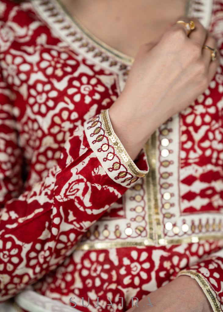 Hand embroidered red rayon printed flared kurta with pant - Dupatta Optional