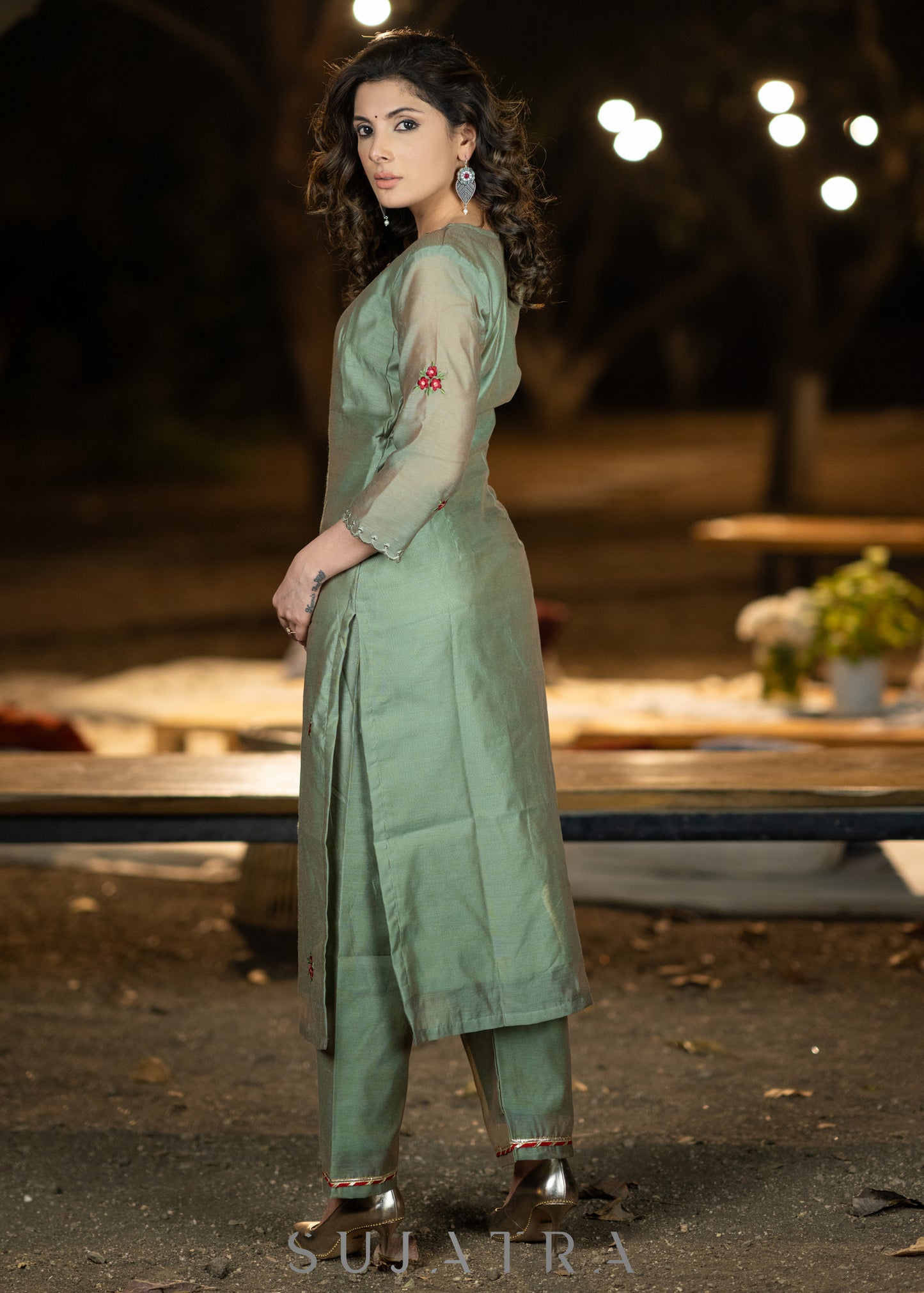 Embroidered fern green chanderi kurta