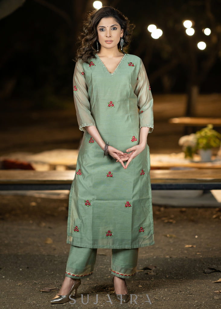 Embroidered fern green chanderi kurta with pant - Dupatta Optional