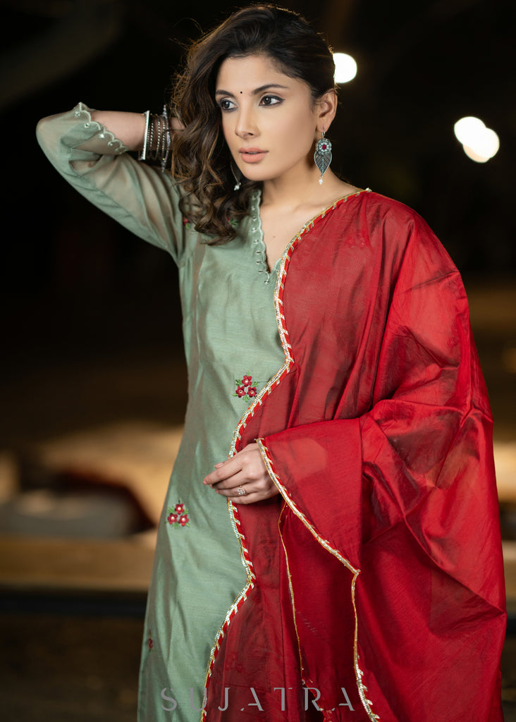Embroidered fern green chanderi kurta with pant - Dupatta Optional