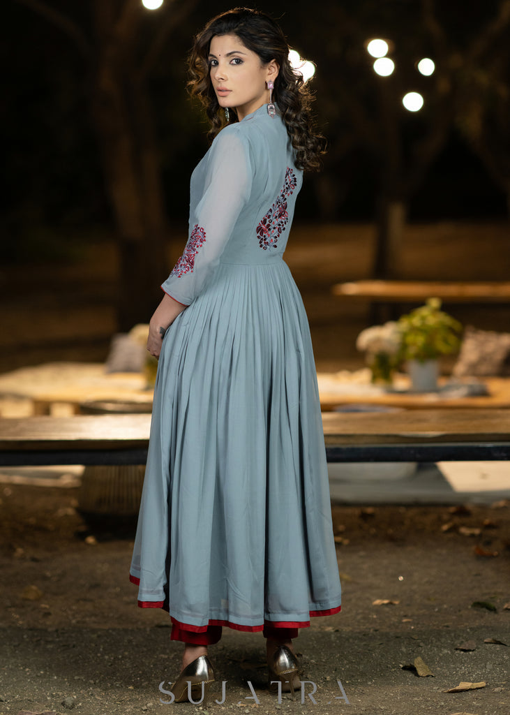 Embroidered grey georgette flared festive kurta with pant - Embroidered Dupatta Optional
