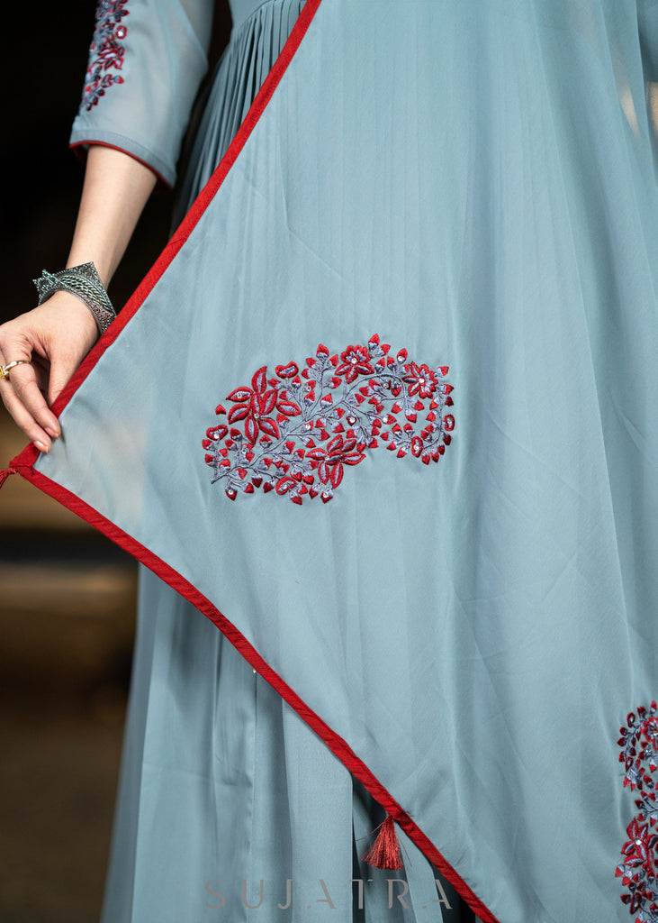 Embroidered grey georgette flared festive kurta with pant - Embroidered Dupatta Optional