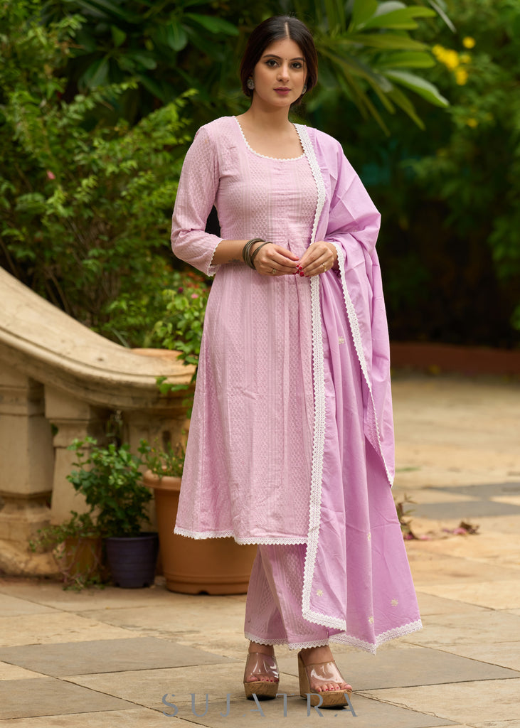 Refreshingly original mauve self-textured Kurta with matching pants - Dupatta Optional
