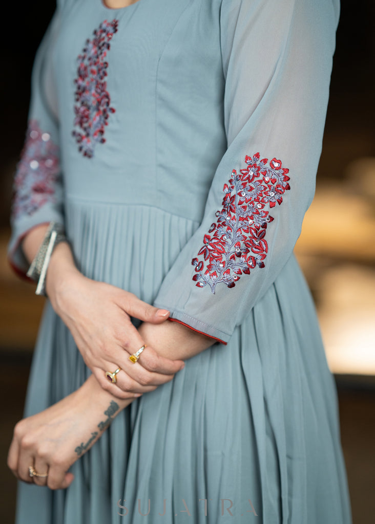 Embroidered grey georgette flared festive kurta with pant - Embroidered Dupatta Optional