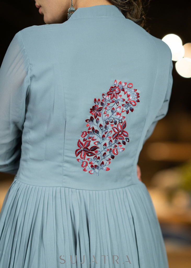 Embroidered grey georgette flared festive kurta with pant - Embroidered Dupatta Optional