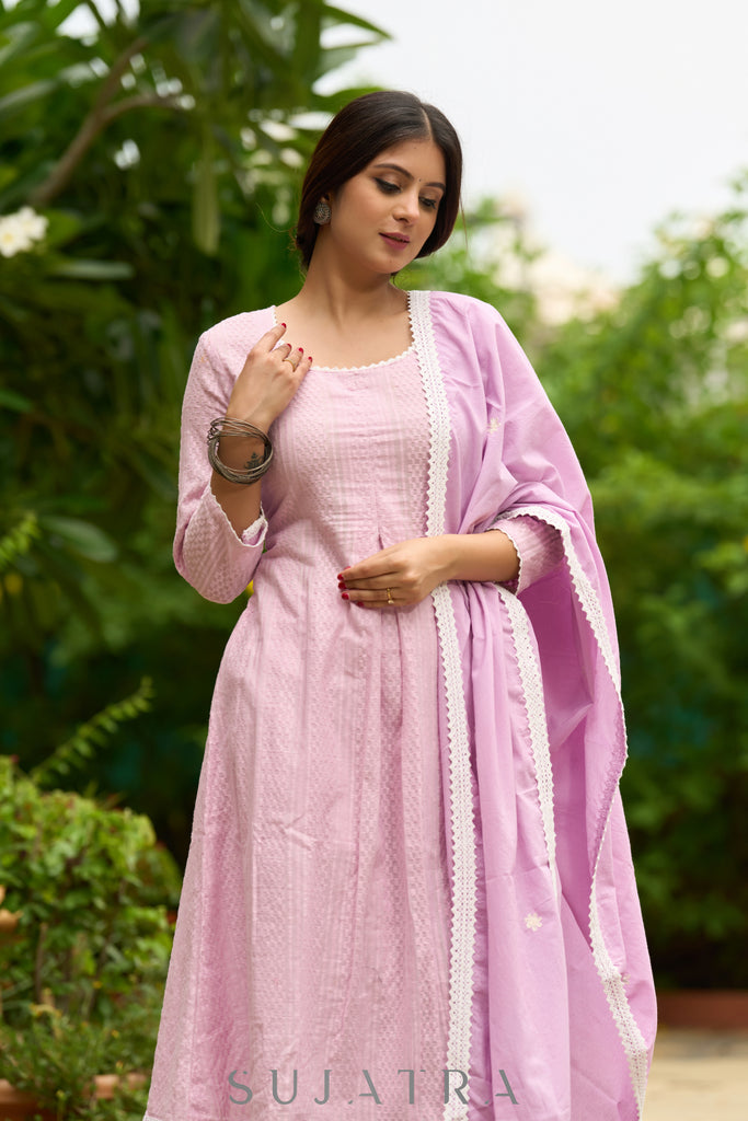 Refreshingly original mauve self-textured Kurta with matching pants - Dupatta Optional