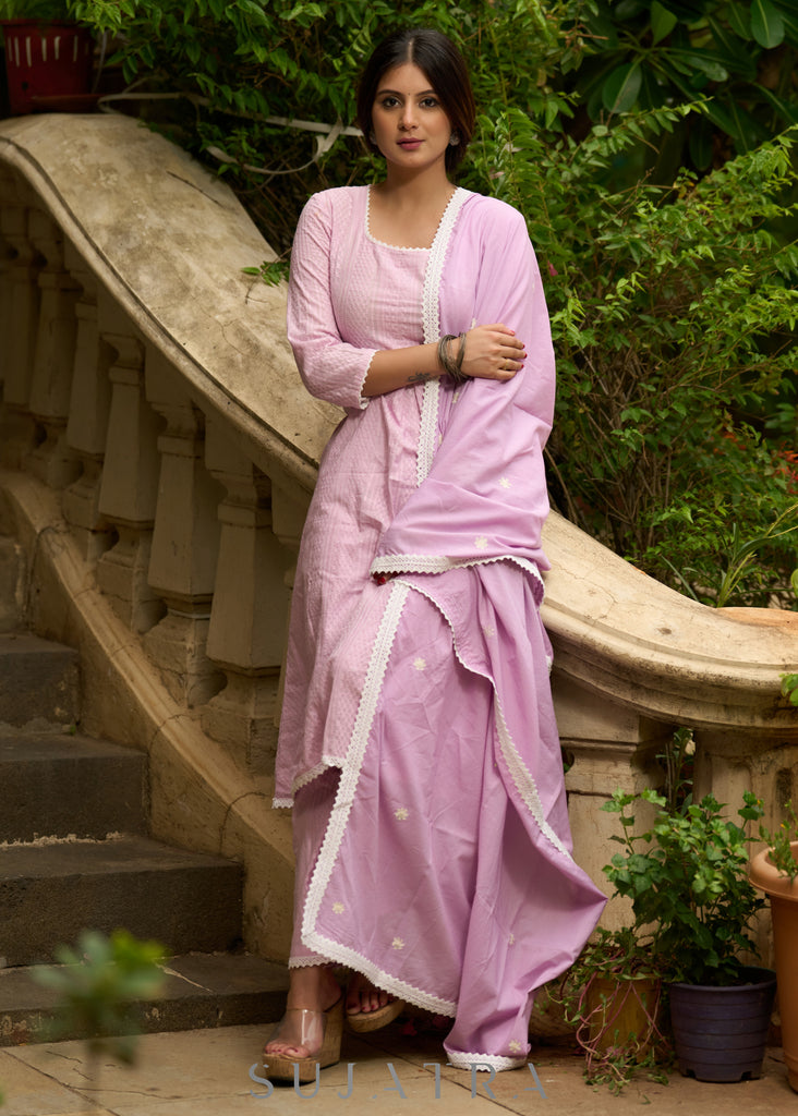 Refreshingly original mauve self-textured Kurta with matching pants - Dupatta Optional