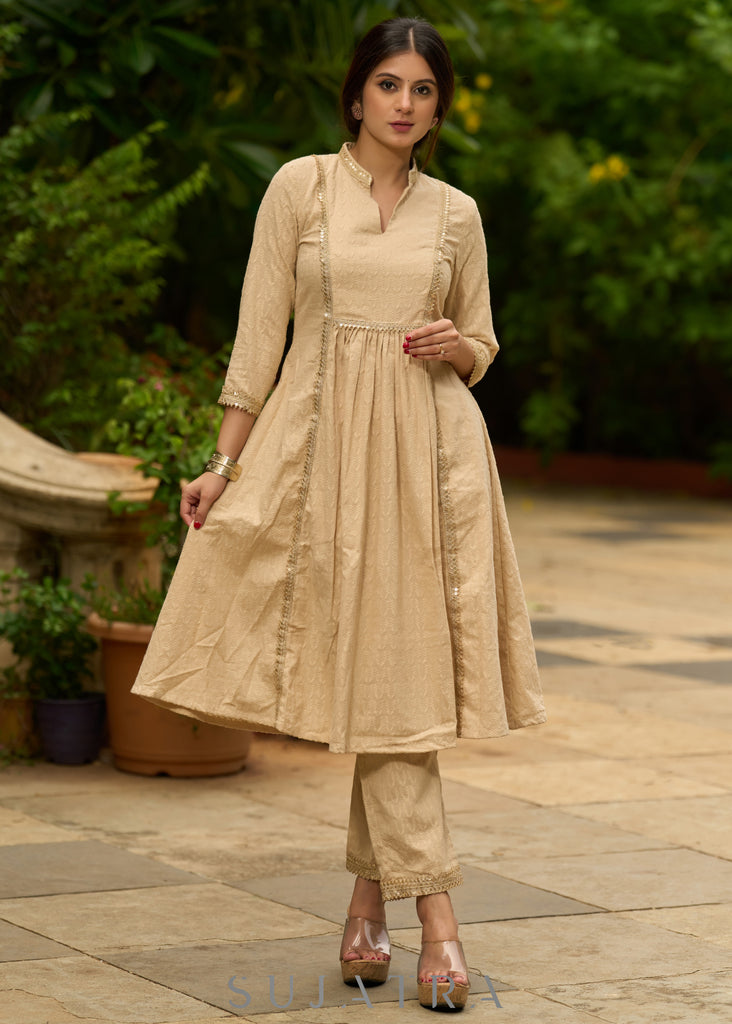 Classic beige self-textured Kurta paired with matching Pants - Dupatta Optional