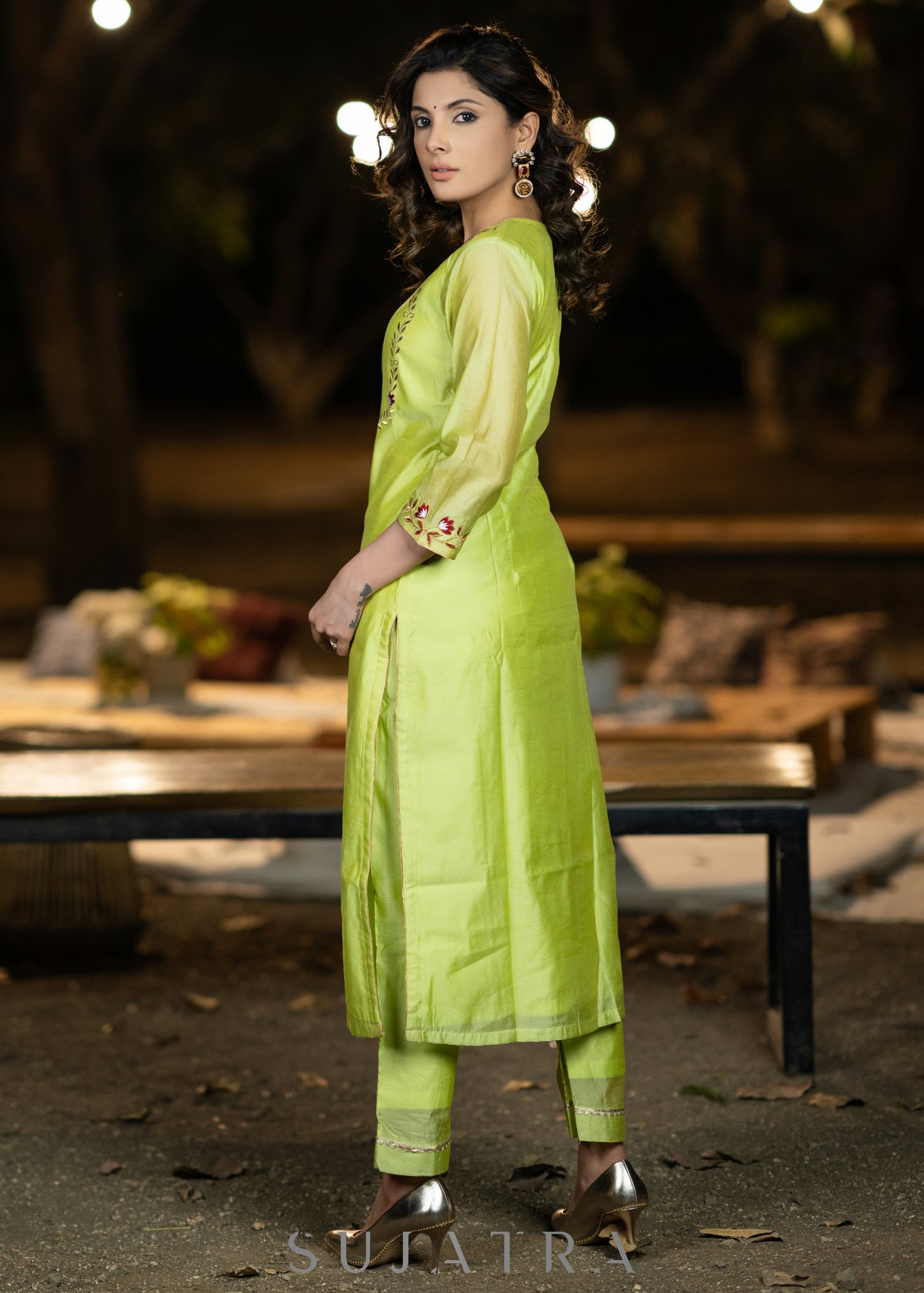Embroidered Lemon Chanderi kurta