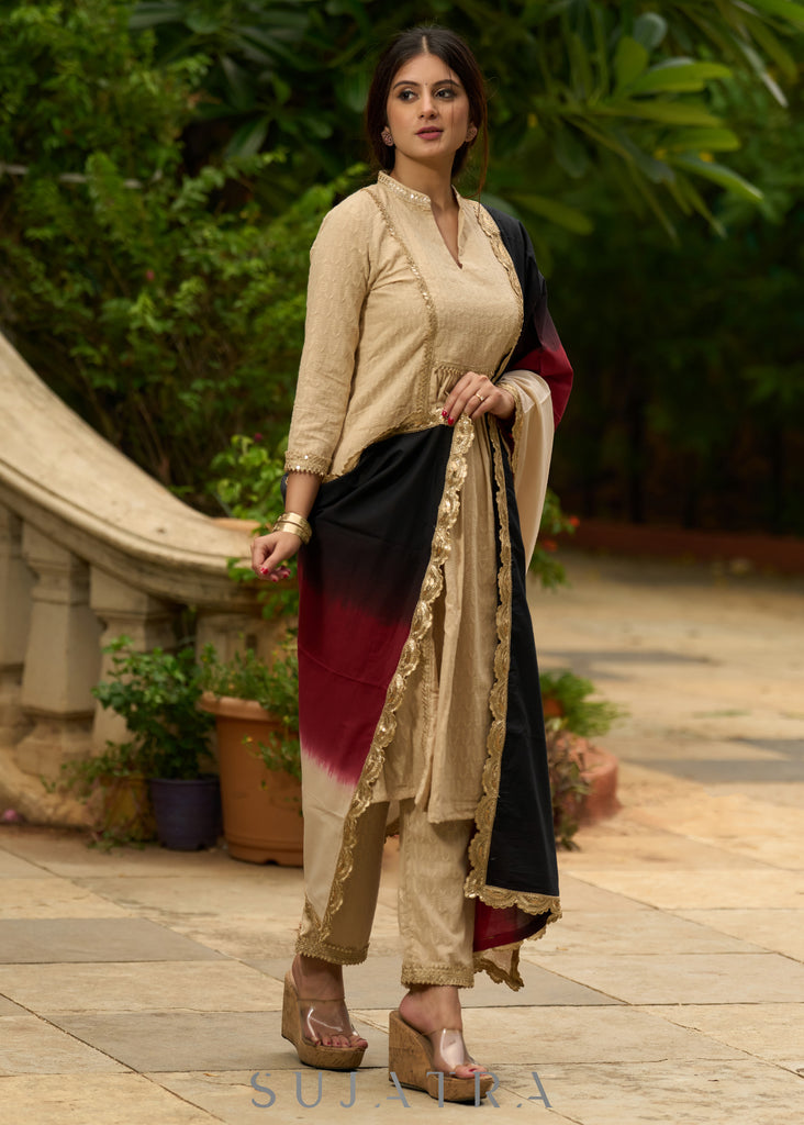 Classic beige self-textured Kurta paired with matching Pants - Dupatta Optional