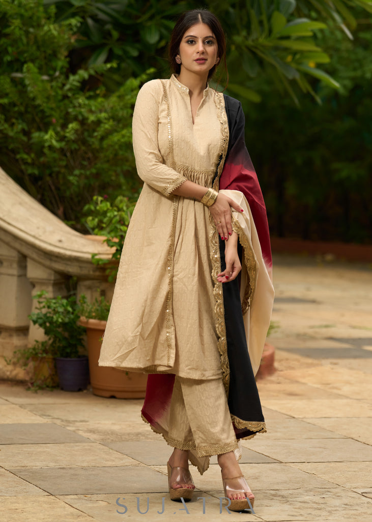 Classic beige self-textured Kurta paired with matching Pants - Dupatta Optional