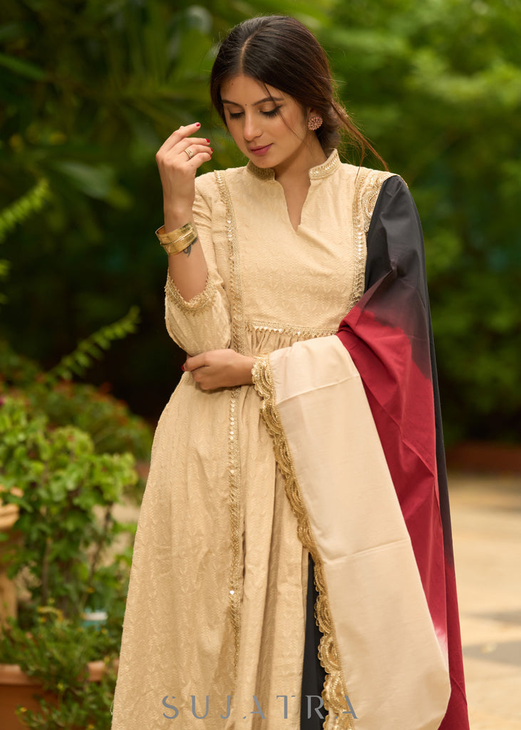 Classic beige self-textured Kurta paired with matching Pants - Dupatta Optional