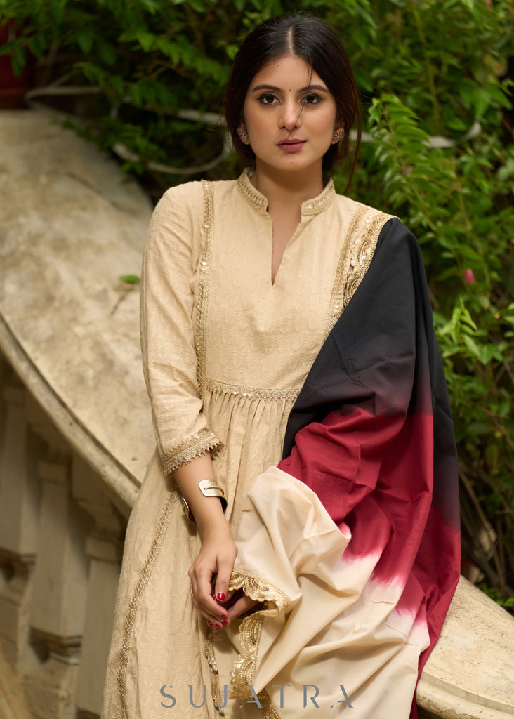 Classic beige self-textured Kurta paired with matching Pants - Dupatta Optional